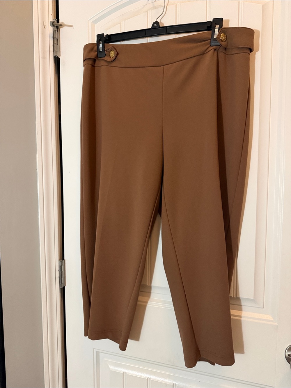 Cato Cropped Ponte Pants in Brown with Gold Buttons